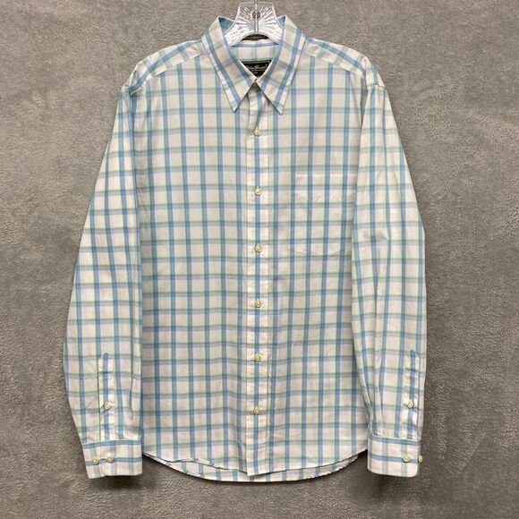 Eddie Bauer Mens Shirt M White Blue Plaid Button Wrinkle Stain Resistant Cotton - Picture 1 of 11